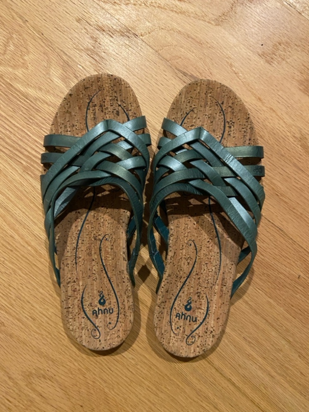 Ahnu Maia Thong Sandal, teal braided leather straps with cork footbed, women’s 8